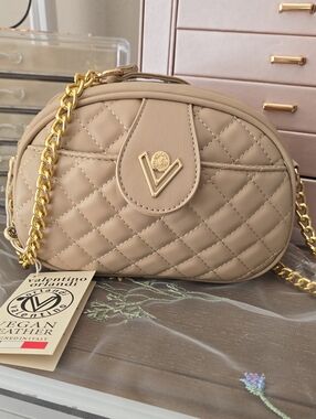 Authentic Valentino Orlandi Quilted Vegan Leather Crossbody Bag in Beige